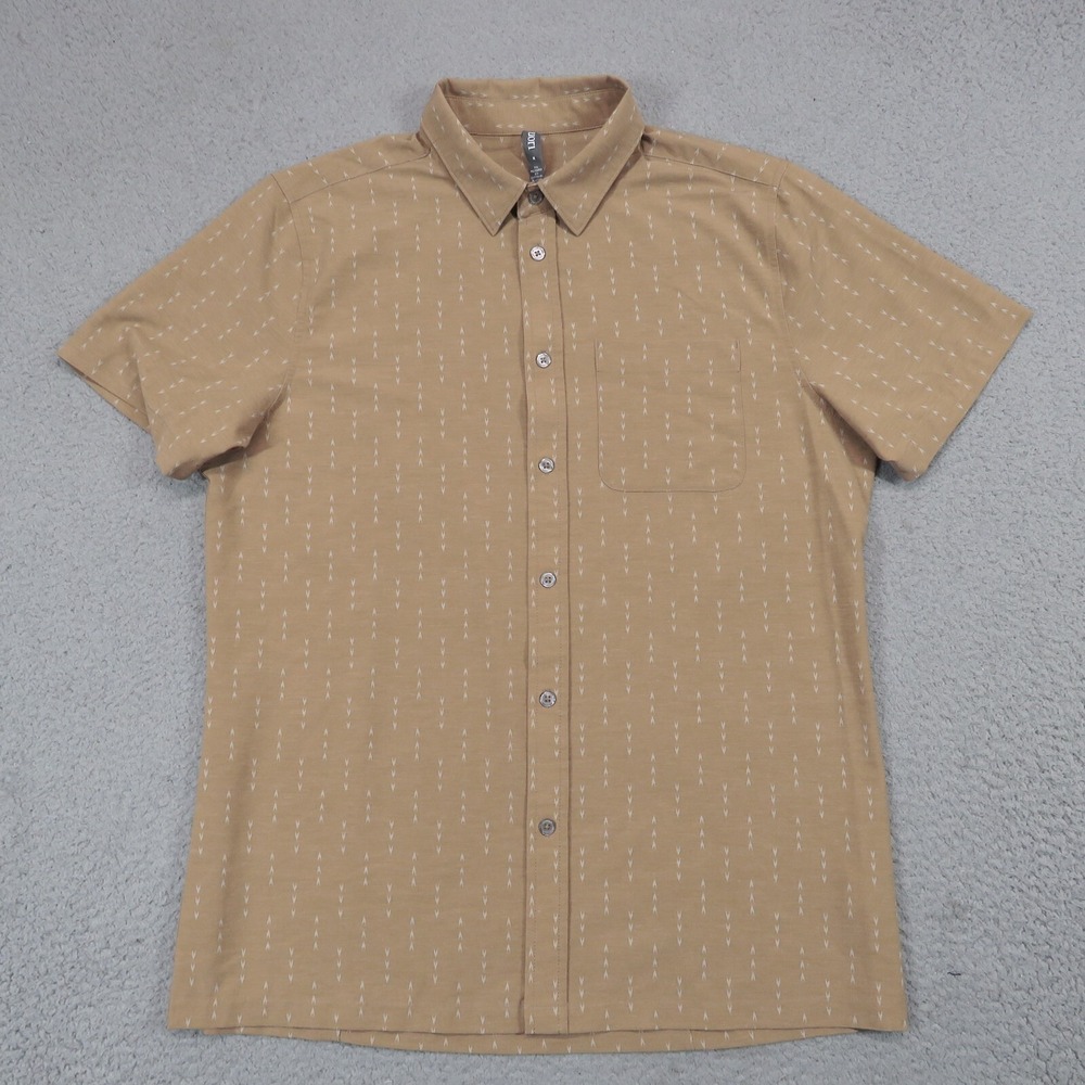Vuori Bridge Shirt Mens Medium Tan Brown Geometric Print Button Down Tech V184